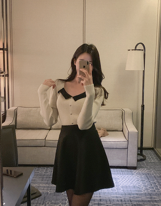 포엘 카라배색 퍼프니트(골지/연말룩)♡韓國女裝上衣