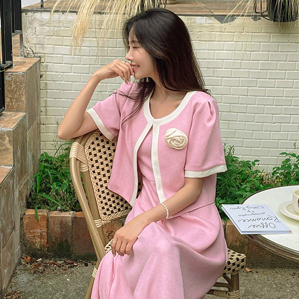 로즐리 배색 라인 썸머 트위드 퍼프소매 자켓 로즐리 배색 라인 썸머 트위드 나시 원피스♡韓國女裝外套