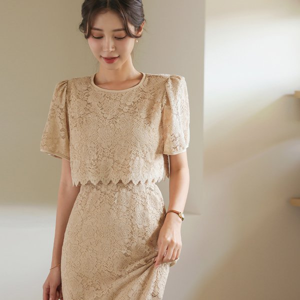 레이스 크롭 블라우스&밴딩 스커트 SET ♡韓國女裝連身裙