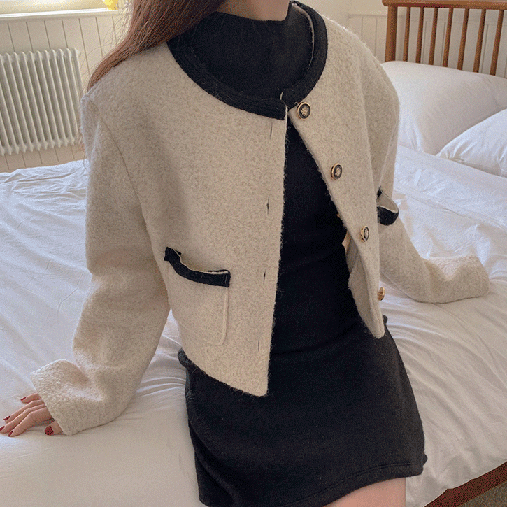 [울50]배색양포켓 크롭부클라운드자켓♡韓國女裝外套