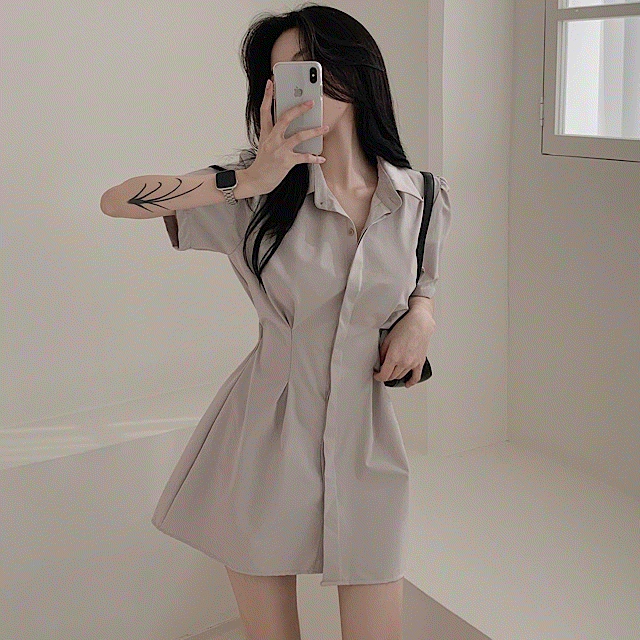 [허리뒷밴딩!] 단정한 셔츠형 반팔 미니원피스 2color♡韓國女裝連身裙